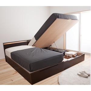 国産 宮付き 照明付き ガス圧 跳ね上げ式ベッド（ポケットコイルマットレス付き）セミダブル  ブラウン