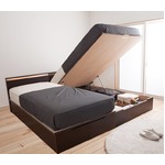 国産 宮付き 照明付き ガス圧 跳ね上げ式ベッド（ポケットコイルマットレス付き）セミダブル  ブラウン