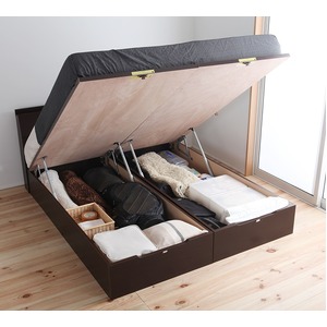 国産 ガス圧 跳ね上げ式ベッド（ポケットコイルマットレス付き）セミダブル  ブラウン