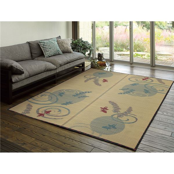 【商品名】 い草 ラグマット 絨毯 約176×176cm ブルー 裏貼り仕様 表面：イ草100％ 縁：綿100％ 涼水 りょうすい リビング ダイニング 【ジャンル・特徴】 ラグマット 絨毯 フロアマ