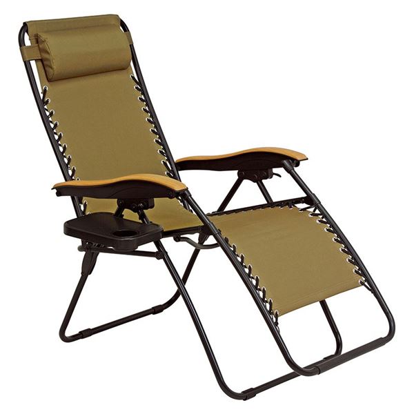 屋外対応 リラックスチェア/折りたたみ椅子 (カーキ 枕付) 約幅80cm リクライニング式 肘付き サイドテーブル付 通気性抜群 b04