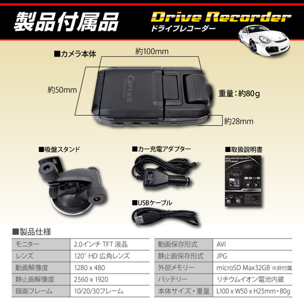 ドライブレコーダーの製品付属品の紹介です