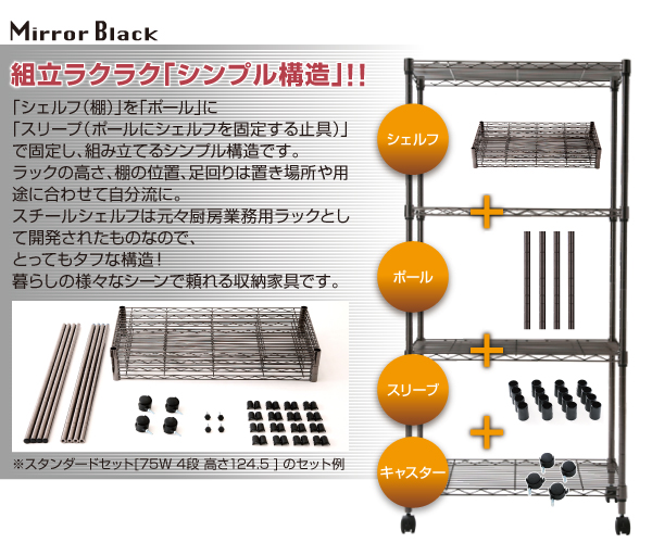「シェルフ(棚)」を「ポール」に「スリーブ(ポールにシェルフを固定する止具)」で固定し、組み立てるシンプル構造です。棚の位置はカンタン自由に変更可能。足回りは用途に合わせてキャスター、アジャスターが選べます。スチールシェルフは元々厨房業務用ラックとして開発されたものなので、とってもタフな構造!暮らしの様々なシーンで頼れる収納家具です。