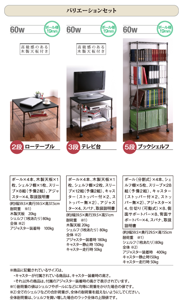 ローテーブル 60W 2段、テレビ台 60W 3段、ブックシェルフ 60W 5段。※商品に記載されているサイズは、キャスターが付属されている商品は、キャスター装着時の高さ。それ以外の商品は、付属のアジャスター装着時の高さで表示されています。耐荷重の値はシェルフやポールなどに均等に荷重をかけた場合です。全てのシェルフなどの合計耐荷重が、全体耐荷重を超えないようにして下さい。全体耐荷重は、シェルフを買い増しした場合のラック全体の上限値です。