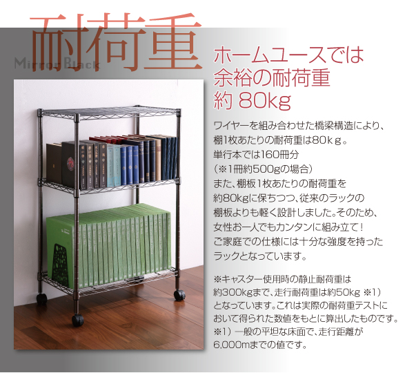 ホームユースでは余裕の耐荷重約80kg!ワイヤーを組み合わせた橋梁構造により、棚1枚あたりの耐荷重は80kg。単行本では160冊分(※1冊約500gの場合)また、棚板1枚あたりの耐荷重を約80kgに保ちつつ、従来のラックの棚板よりも軽く設計しました。そのため、女性でも組み立てがカンタンに♪ご家庭での使用には十分な強度を持ったラックとなっています。