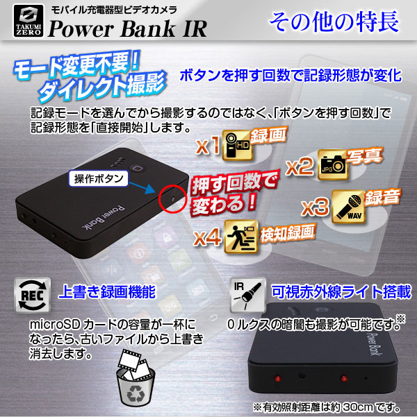 モバイル充電器型ビデオカメラ『POWER BANK IR』(TAKUMI-ZEROシリーズ)のポイント5