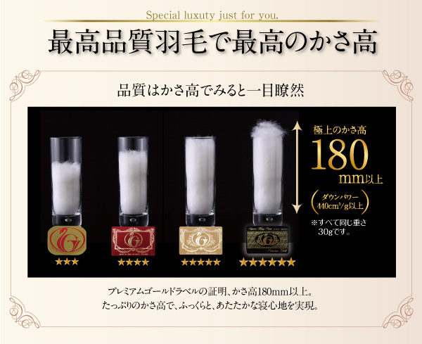 最高品質羽毛で最高のかさ高、プレミアムゴールド(かさ高180mm/ダウンパワー440cm3/g以上)