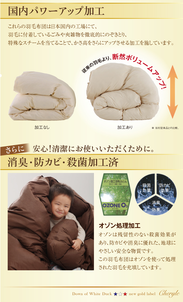 国内産の羽毛布団のみに許される、三ツ星ニューゴールドラベルを取得した羽毛布団