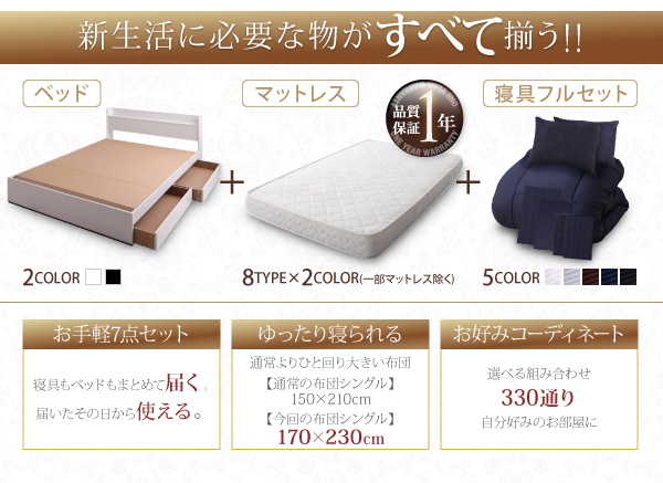 収納ベッド+マットレス+寝具フルセット、これから新しい生活を始める人にオススメ