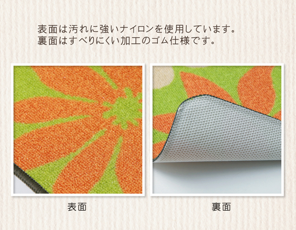 花柄をプリントしたカジュアルなキッチンマットです。表地にはナイロンを使用しています。