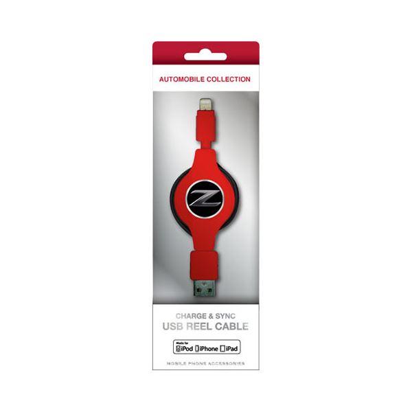 (まとめ)NISSAN 公式ライセンス品 FAIRLADY Z CHARGE ＆ SYNC USB REEL CABLE FOR IPHONE RED NZMUJ-R1RD【×2セット】