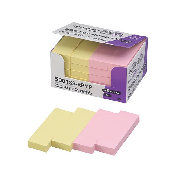 3M Post-it ポストイット エコノパック強粘着付箋 パステルカラー Y／P 3M-5001SS-RPYP