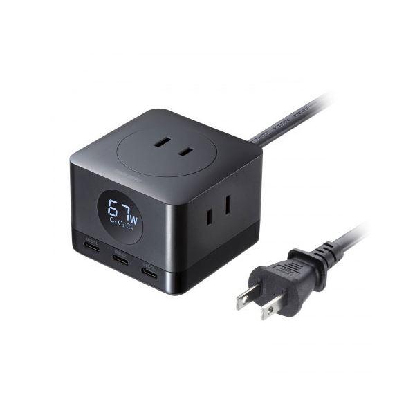 サンワサプライ USB急速充電機能付きタップGaN PD67W TAP-B111C3BK