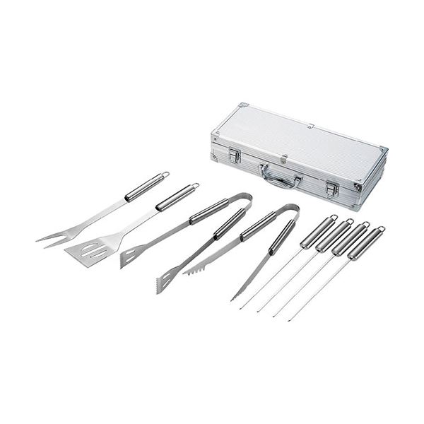 BBQの達人セット 串×4、アルミケース(8×37×16.2cm)・ターナー・ピック・炭用トング・食材用トング×各1 B1010514