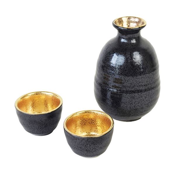 高田焼酒器釉重ね金彩天目 ぐい呑(φ5.5×3.5cm)×2、徳利(φ8×11.5cm・280ml)×1 C6103628