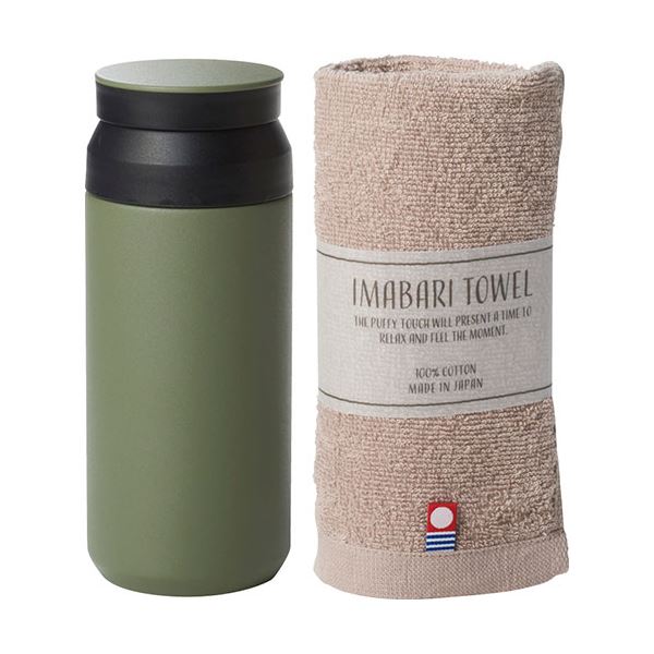 AMli HOME ボトル340ml&今治タオル オリーブ ボトルφ6.5×16.7cm、ウォッシュタオル34×30cm C6129714