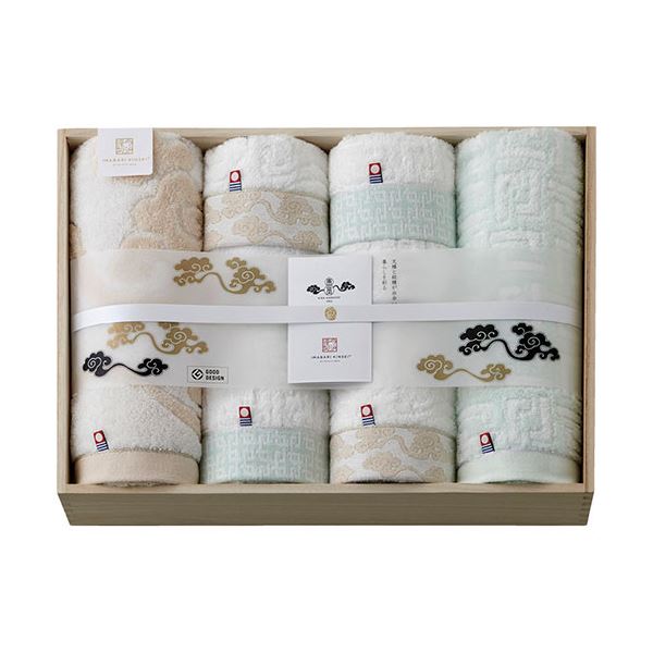 今治謹製 雲母唐長(KIRA KARACHO) 唐長文様タオルセット(木箱入) ロングフェイスタオル、コンパクトバスタオル C6053580