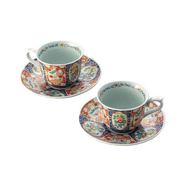 波佐見焼 珈琲碗皿2客揃 錦鳳凰絵 碗φ9×6.8cm、皿φ15.5×3cm B1132566