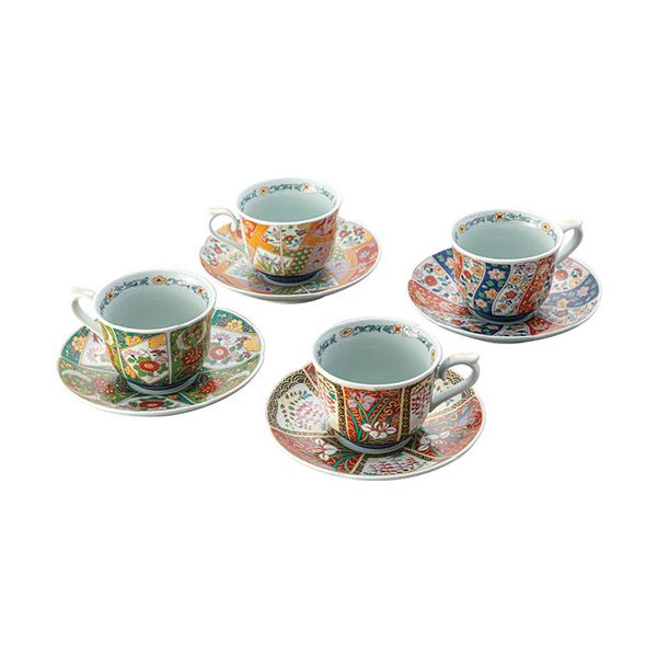 波佐見焼 友禅華絵 珈琲碗皿4客揃 碗φ9×6.8cm、皿φ15.5×3cm B1143576