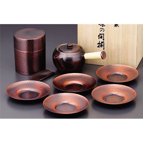 銅製 茶器セット 【急須&茶筒&茶托】 日本製 ブロンズ仕上げ 『アサヒ』 〔茶席 キッチン 台所〕