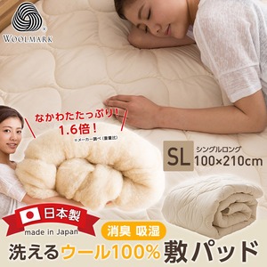 日本製 洗えるウール100%敷パッド(消臭 吸湿) シングルロング(100x210cm) ベージュ 商品写真1