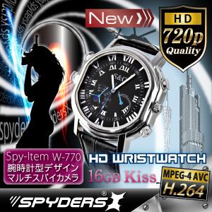 【防犯用】【超小型カメラ】 【小型ビデオカメラ】腕時計 腕時計型 スパイカメラ スパイダーズX （W-770B）ブラック H.264 1200万画素 16GB内蔵 - 拡大画像