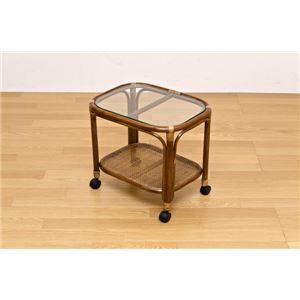 キャスター付きラタンサイドテーブル 木製(天然木)/強化ガラス アジアンティーク ブラウン 商品写真2