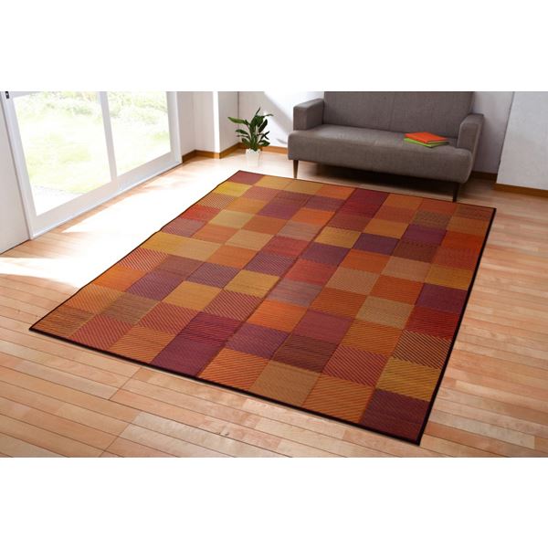 純国産 防音 ボリューム い草ラグ 『STカラフルブロック』 ブラウン 約140×200cm(裏:ソフトテック15mm)