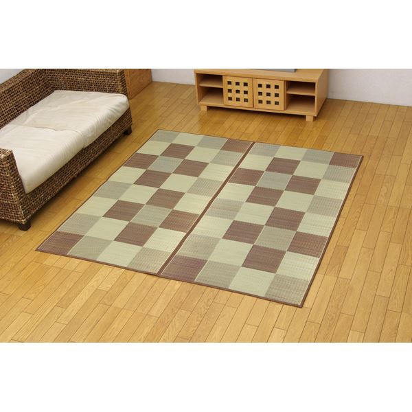 日本製 い草 花ござ/ラグマット 【ブロック柄 ブラウン 江戸間2畳 174×174cm】 裏：ウレタン 防傷 抗菌 防臭 調湿 〔リビング〕【代引不可】