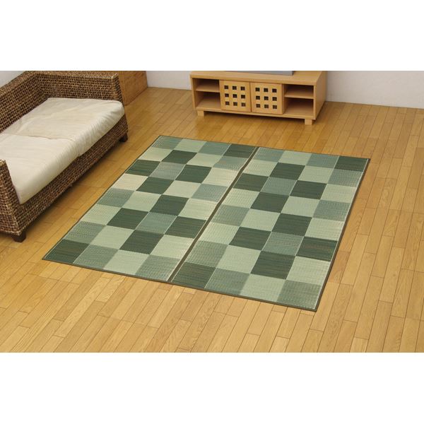 日本製 い草 花ござ/ラグマット 【ブロック柄 グリーン 江戸間2畳 174×174cm】 裏：ウレタン 防傷 抗菌 防臭 調湿 〔リビング〕【代引不可】