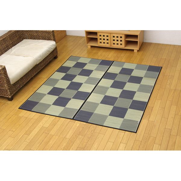 日本製 い草 花ござ/ラグマット 【ブロック柄 グレー 江戸間2畳 174×174cm】 裏：ウレタン 防傷 抗菌 防臭 調湿 〔リビング〕【代引不可】