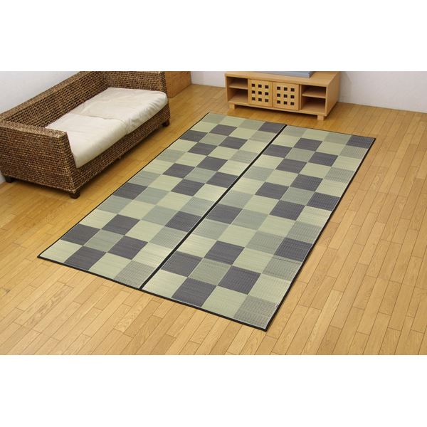 日本製 い草 花ござ/ラグマット 【ブロック柄 グレー 江戸間8畳 約348×352cm】 裏：ウレタン 防傷 抗菌 防臭 調湿 〔リビング〕【代引不可】