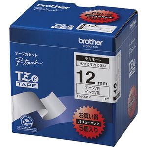 ブラザー工業 TZeテープ ラミネートテープ(白地/黒字) 12mm 5本パック TZe-231V 商品写真