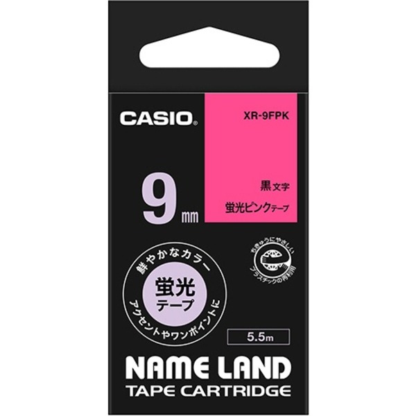 （まとめ） カシオ CASIO ネームランド NAME LAND スタンダードテープ 9mm×5.5m 蛍光ピンク／黒文字 XR-9FPK 1個 【×5セット】