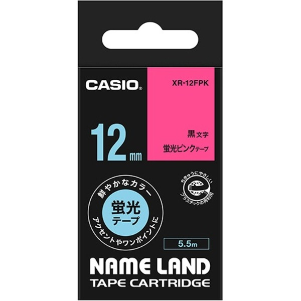 （まとめ） カシオ CASIO ネームランド NAME LAND スタンダードテープ 12mm×5.5m 蛍光ピンク／黒文字 XR-12FPK 1個 【×5セット】