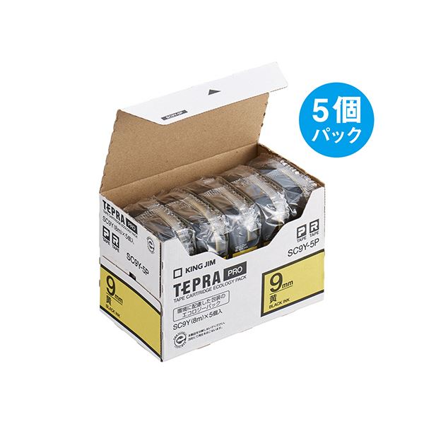 キングジム テプラ PRO テープカートリッジ パステル 9mm 黄/黒文字 エコパック SC9Y-5P 1パック(5個)