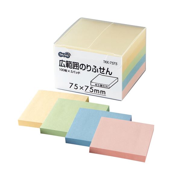 （まとめ） TANOSEE 広範囲のりふせん 75×75mm 4色 1パック（5冊） 【×5セット】