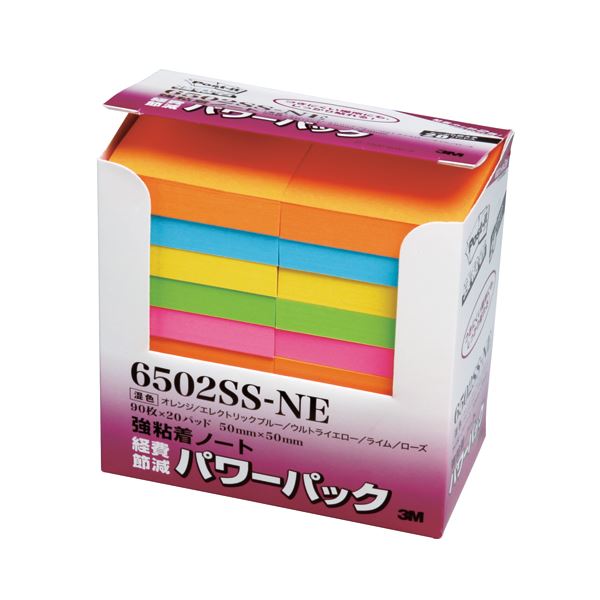 （まとめ） 3M ポストイット パワーパック 強粘着ノート 50×50mm ネオンカラー5色 6502SS-NE 1パック（20冊） 【×2セット】