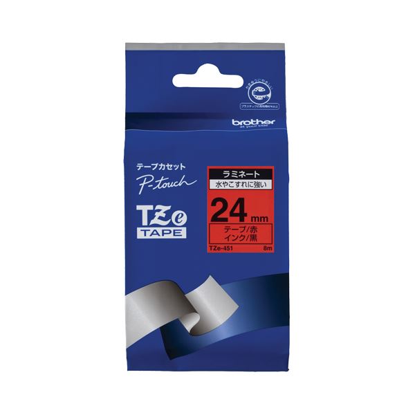 （まとめ） ブラザー BROTHER ピータッチ TZeテープ ラミネートテープ 24mm 赤／黒文字 TZE-451 1個 【×6セット】