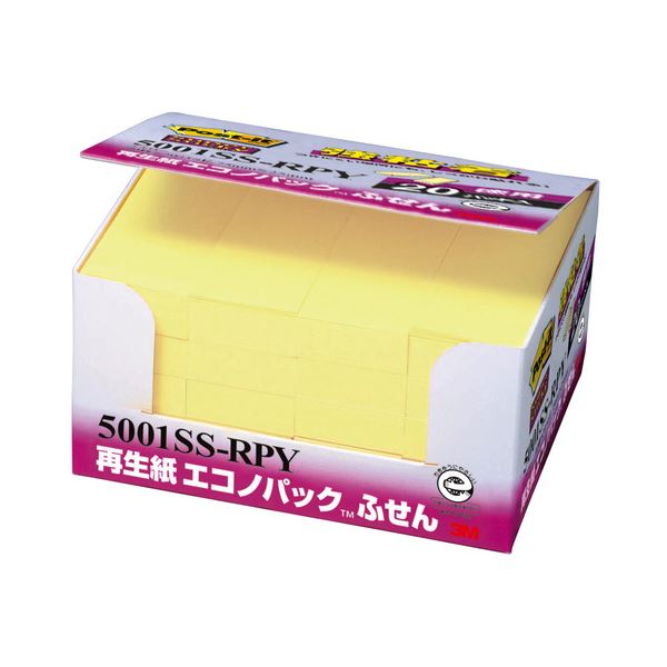 （まとめ） 3M ポストイット エコノパック 強粘着ふせん 75×25mm イエロー 5001SS-RPY 1パック（20冊） 【×2セット】