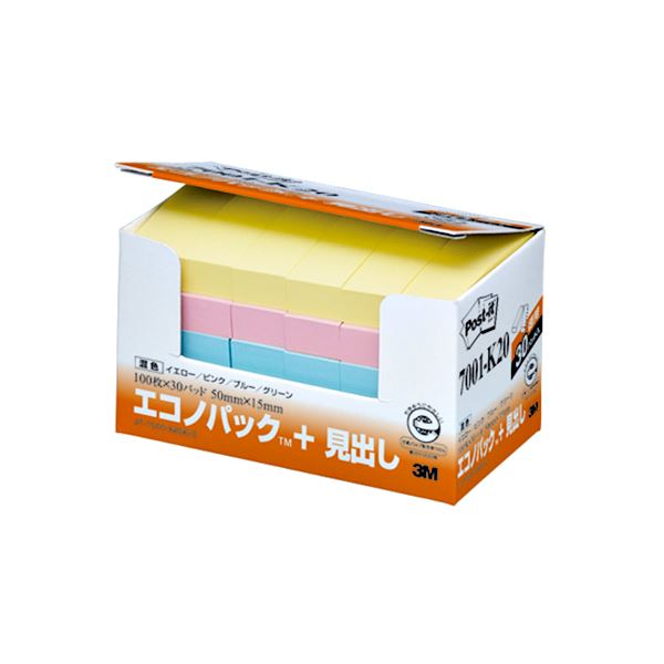 （まとめ） 3M ポストイット エコノパック 見出し 再生紙 50×15mm 混色 7001-K20 1パック（30冊） 【×4セット】