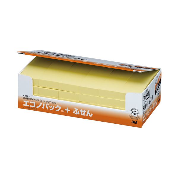 （まとめ） 3M ポストイット エコノパック ふせん 再生紙 75×25mm イエロー 5001-Y20 1パック（24冊） 【×2セット】