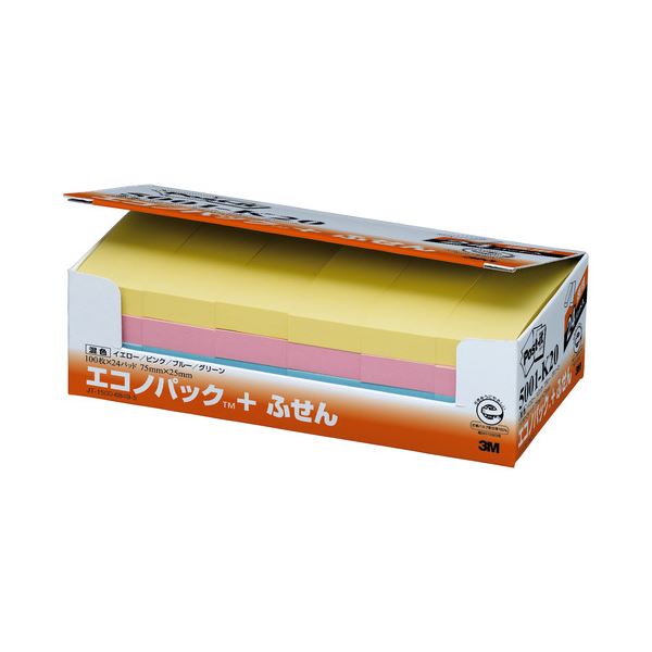 （まとめ） 3M ポストイット エコノパック ふせん 再生紙 75×25mm 4色 5001-K20 1パック（24冊） 【×2セット】