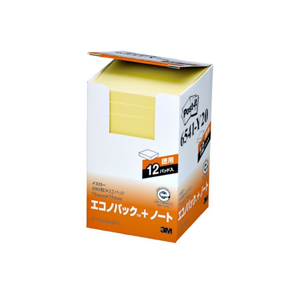 （まとめ） 3M ポストイット エコノパック ノート 再生紙 75×75mm イエロー 6541-Y20 1パック（12冊） 【×2セット】