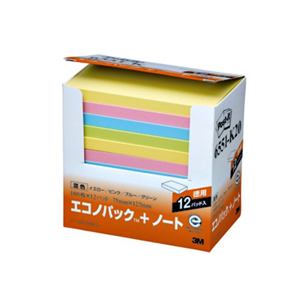 （まとめ） 3M ポストイット エコノパック ノート 再生紙 75×127mm 混色 6551-K20 1パック（12冊） 【×2セット】