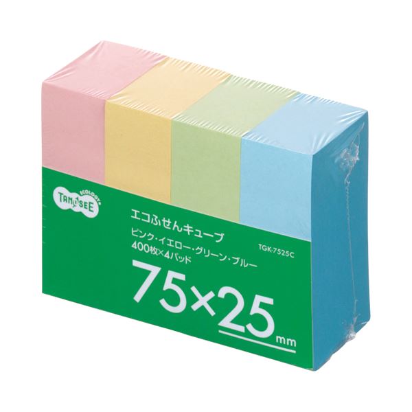 （まとめ） TANOSEE エコふせん キューブ 75×25mm 4色 1セット（20冊：4冊×5パック） 【×2セット】