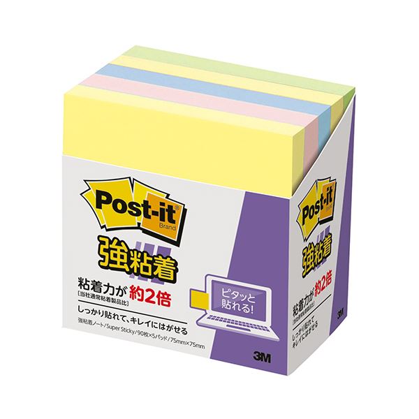 （まとめ） 3M ポスト・イット 強粘着ノートパステルカラー 75×75mm 混色 654-5SSAP 1パック（5冊） 【×5セット】
