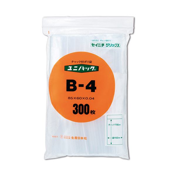 （まとめ） セイニチ ユニパック チャック付ポリエチレン ヨコ60×タテ85×厚み0.04mm B-4 1パック（300枚） 【×5セット】