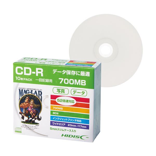 （まとめ）ハイディスク データ用CD-R700MB 52倍速 ホワイトワイドプリンタブル 5mmスリムケース HDCR80GP10SC1パック(10枚) 【×10セット】