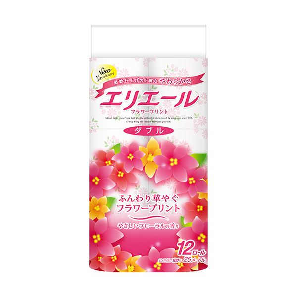 （まとめ）大王製紙 エリエールトイレットティシュー フラワープリント ダブル 芯あり 香つき 25m 1パック（12ロール）【×10セット】